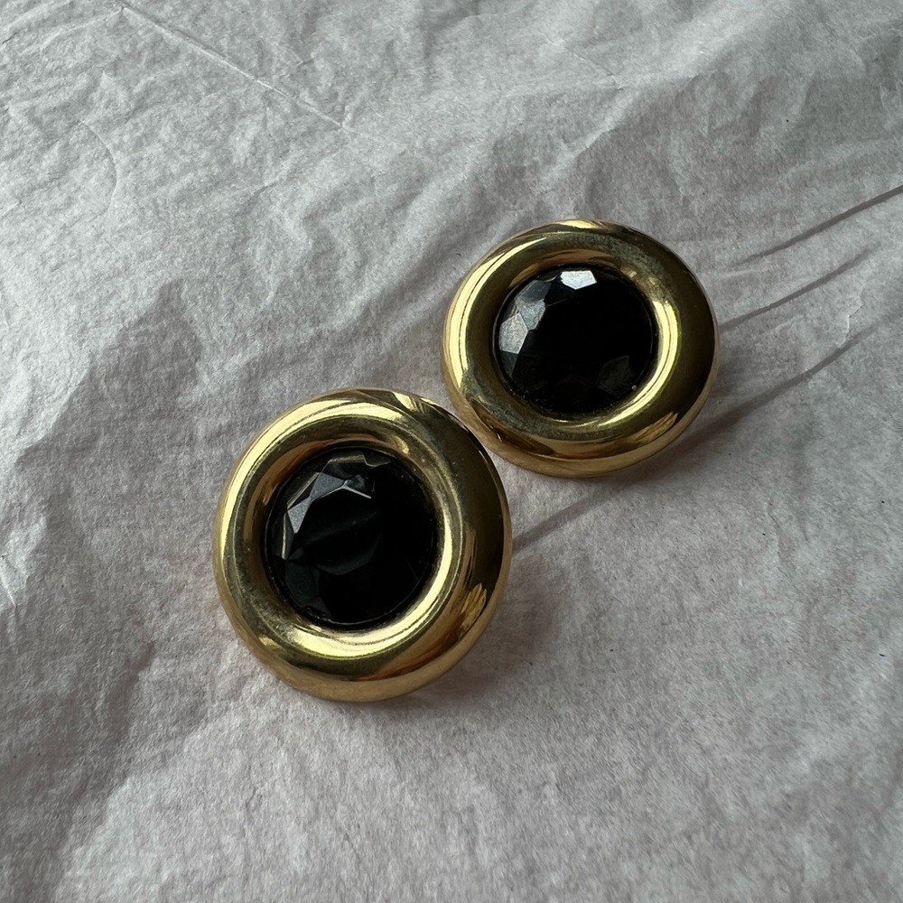 VTG EUC Gold and Black Circular Earrings 1”